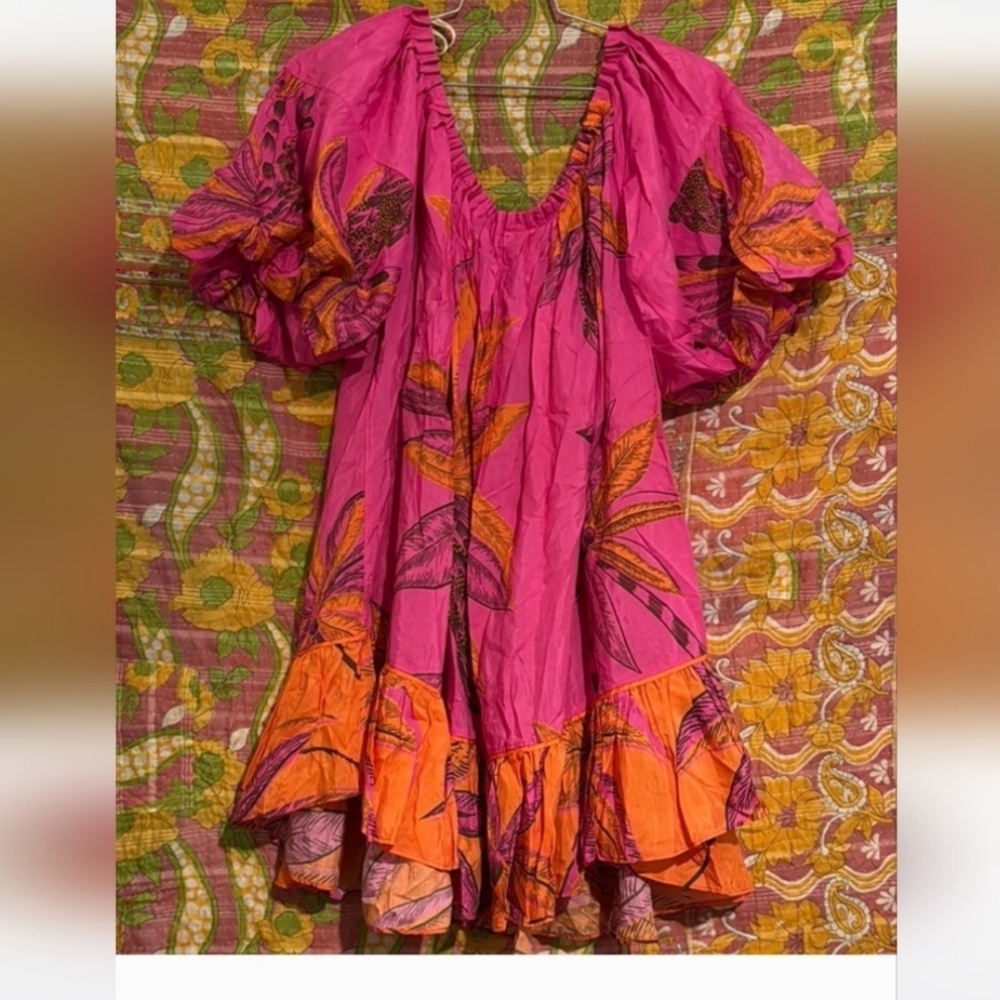 FARM Rio Pink and Orange Tropical Leaf Print Mini Dress - Sz. LG - NWT!